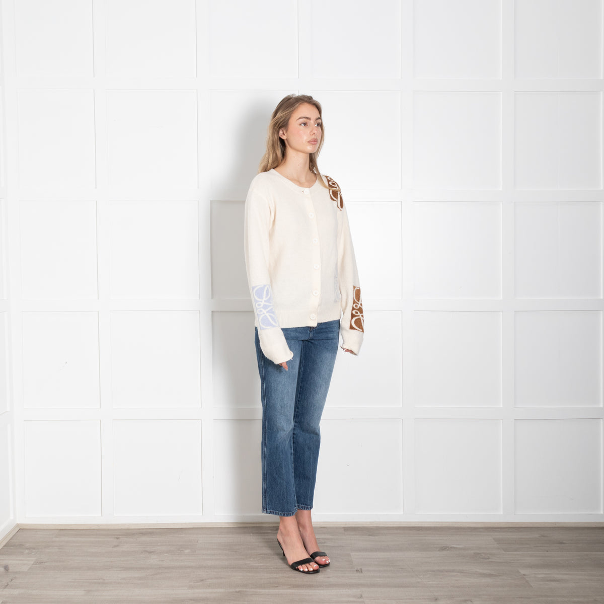 Loewe Cream, Camel and Pale Blue Anagram Wool Cardigan