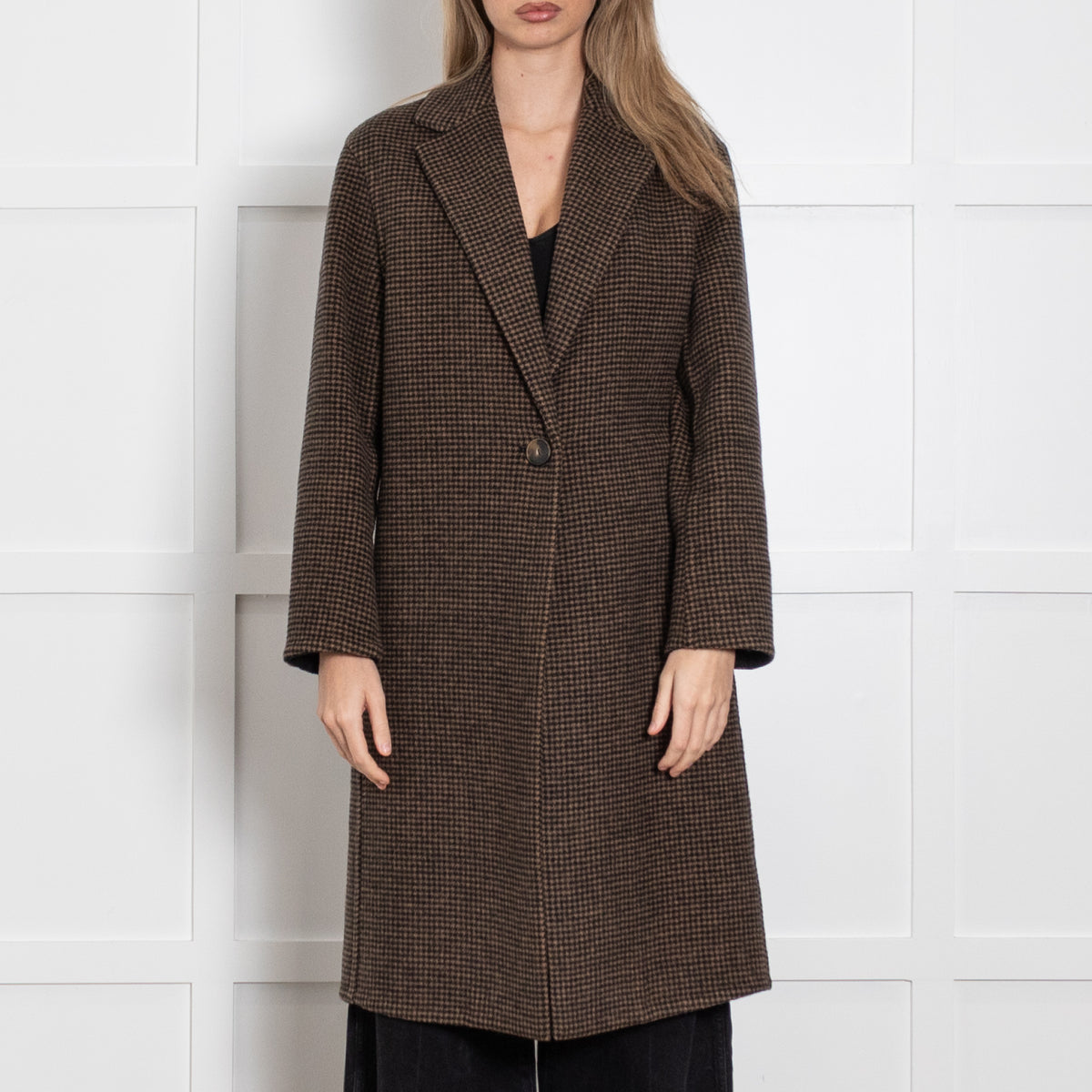 Vince Black and Brown Houndstooth Check Coat