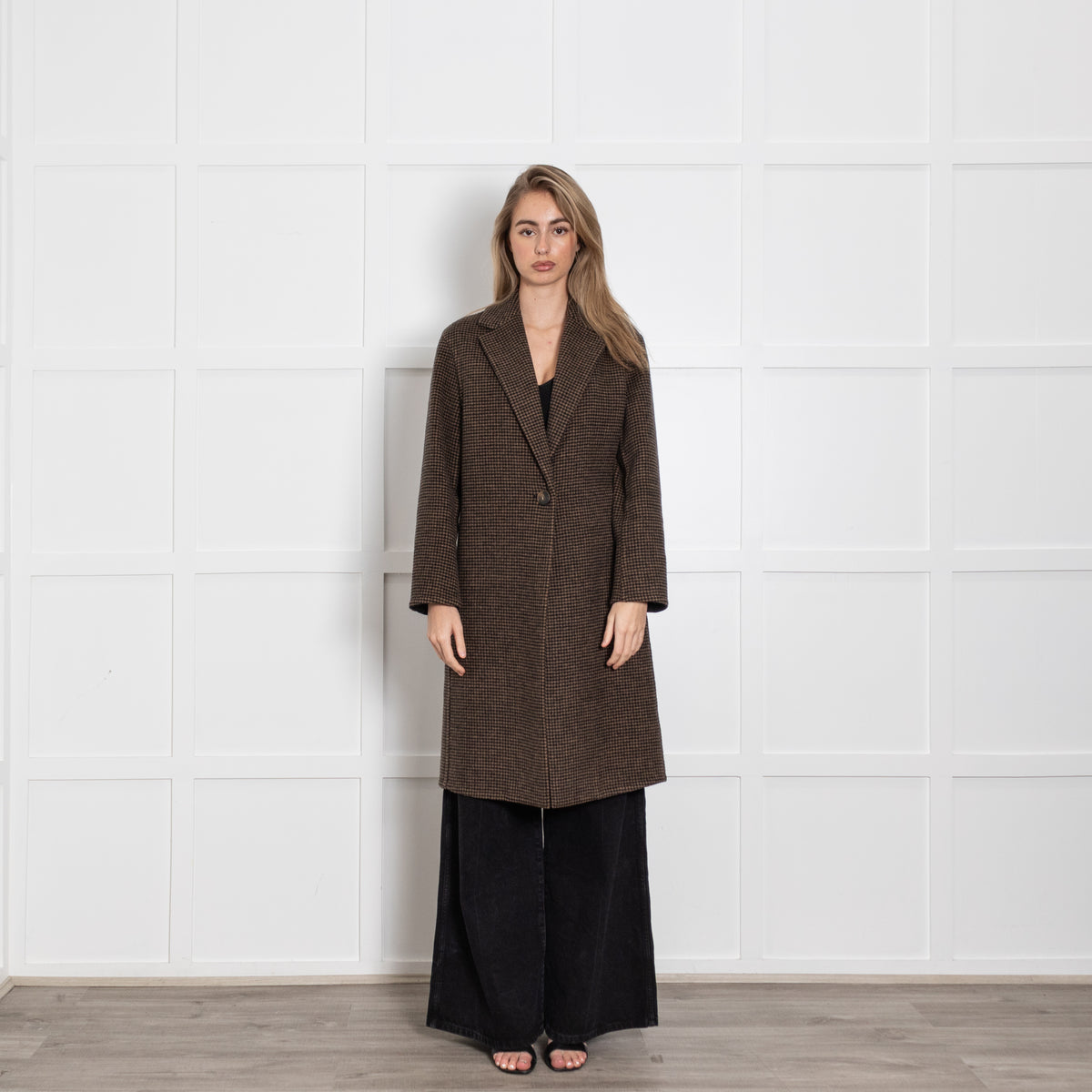 Vince Black and Brown Houndstooth Check Coat