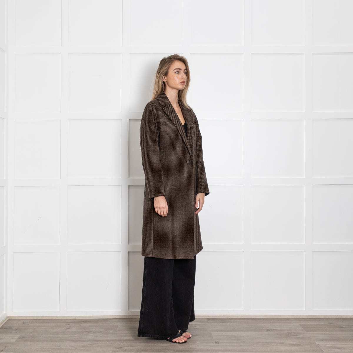 Vince Black and Brown Houndstooth Check Coat