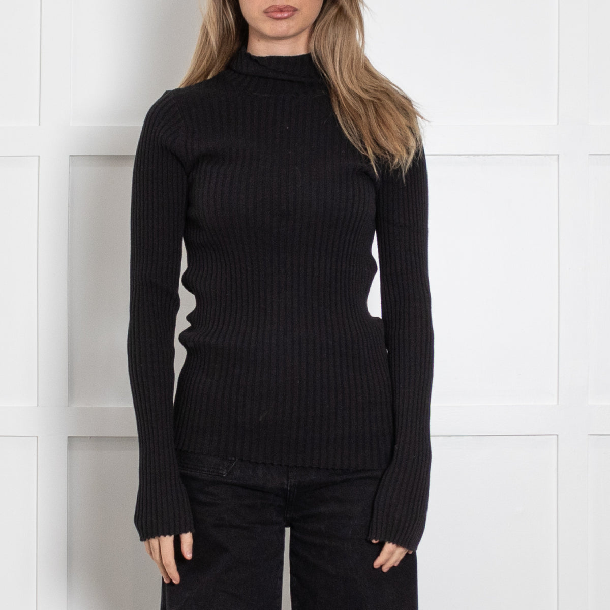 Anine Bing Black Cotton Ribbed Poloneck Top