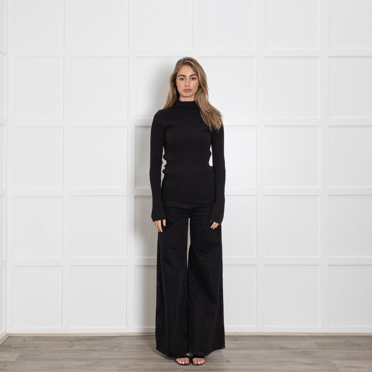 Anine Bing Black Cotton Ribbed Poloneck Top