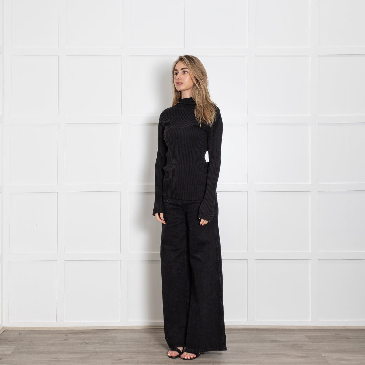 Anine Bing Black Cotton Ribbed Poloneck Top