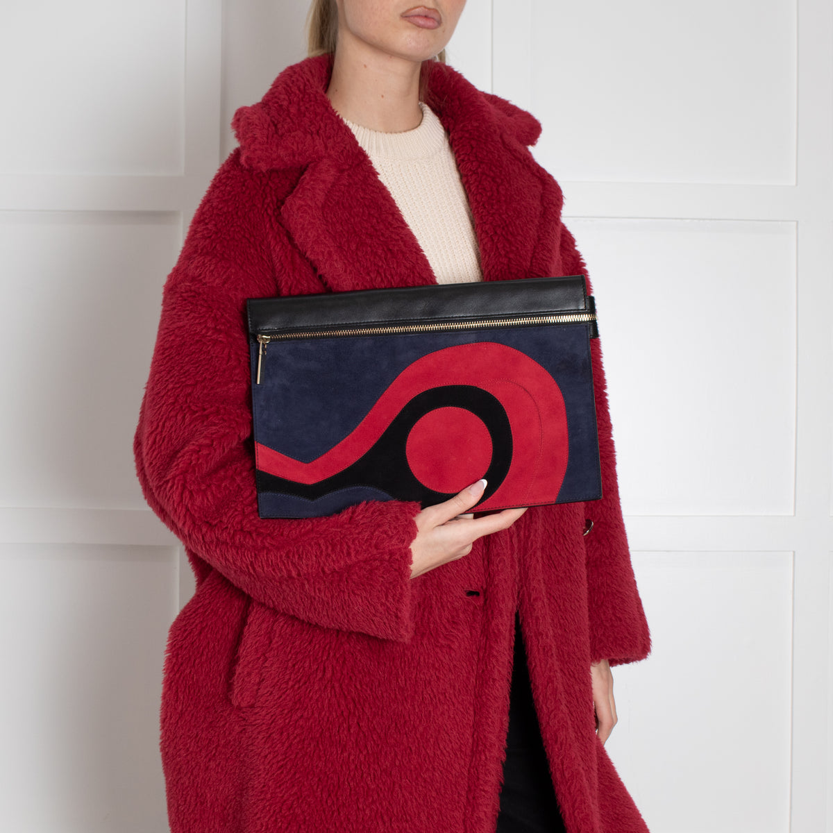 Victoria Beckham Black Navy Blue Red Swirl Suede Clutch