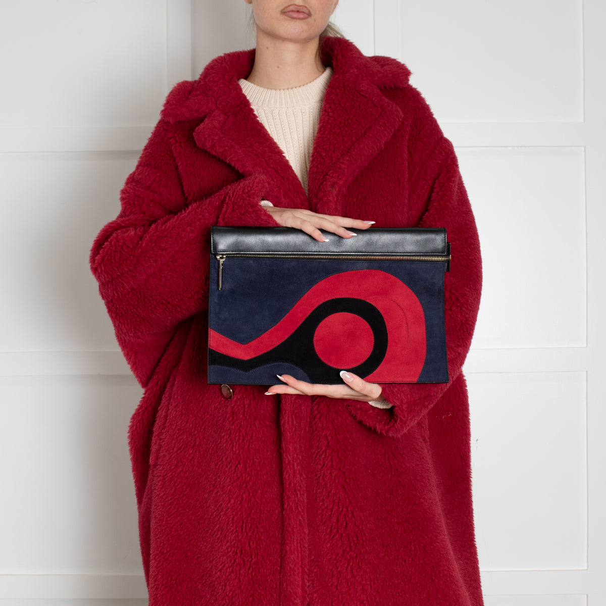 Victoria Beckham Black Navy Blue Red Swirl Suede Clutch