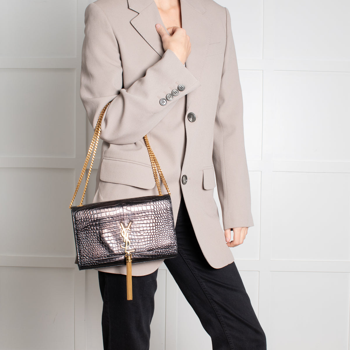 Saint Laurent Brown Croc Effect Shoulder Bag
