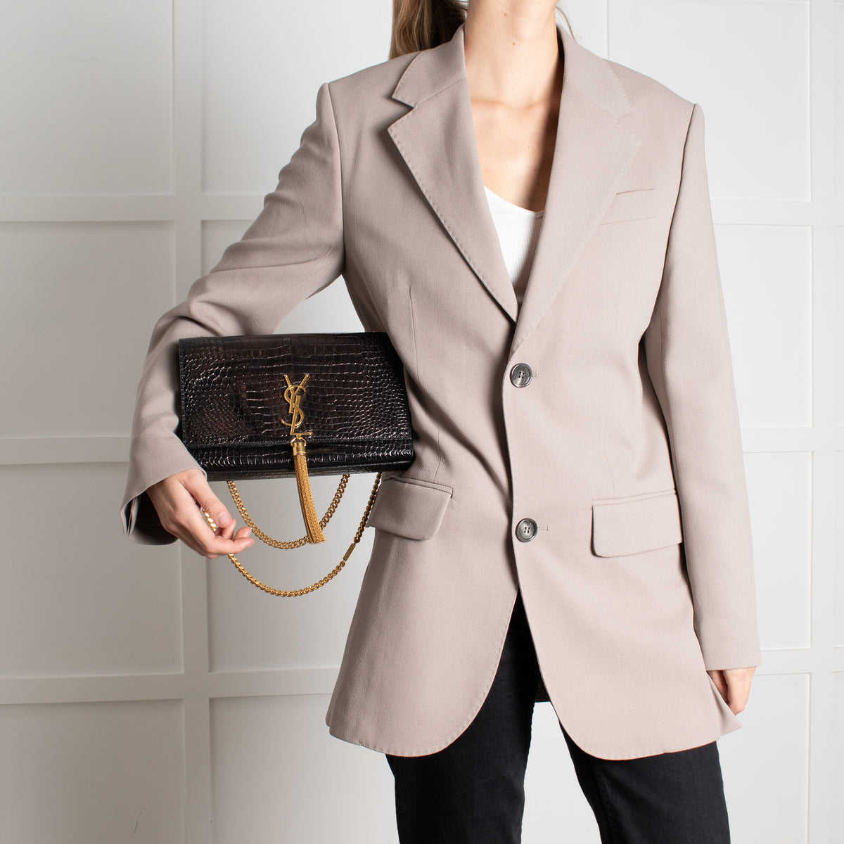 Saint Laurent Brown Croc Effect Shoulder Bag