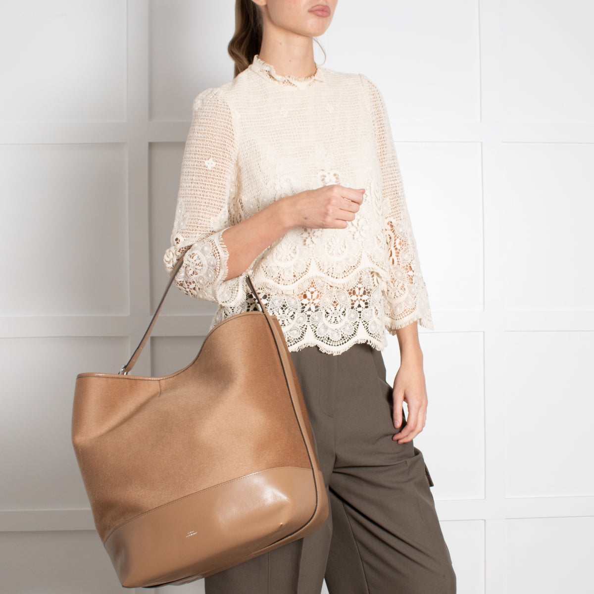 Toteme Camel Wool Felted Leather Trim Belted Tote Bag