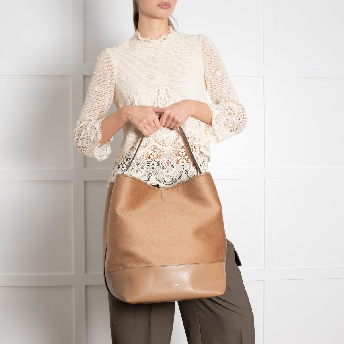 Toteme Camel Wool Felted Leather Trim Belted Tote Bag