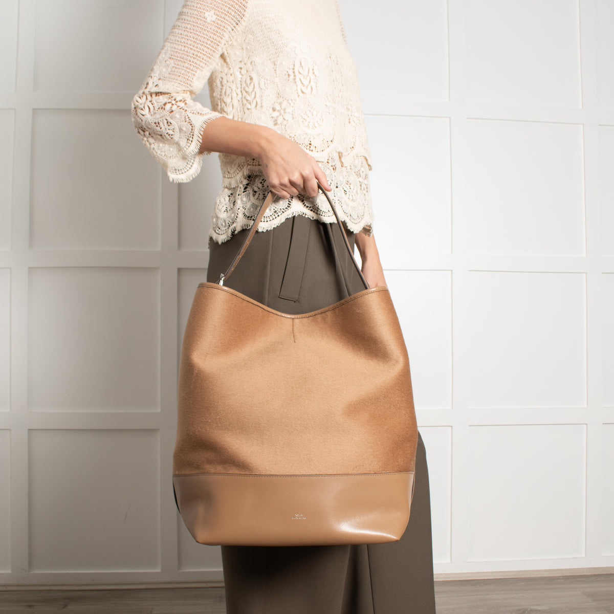 Toteme Camel Wool Felted Leather Trim Belted Tote Bag