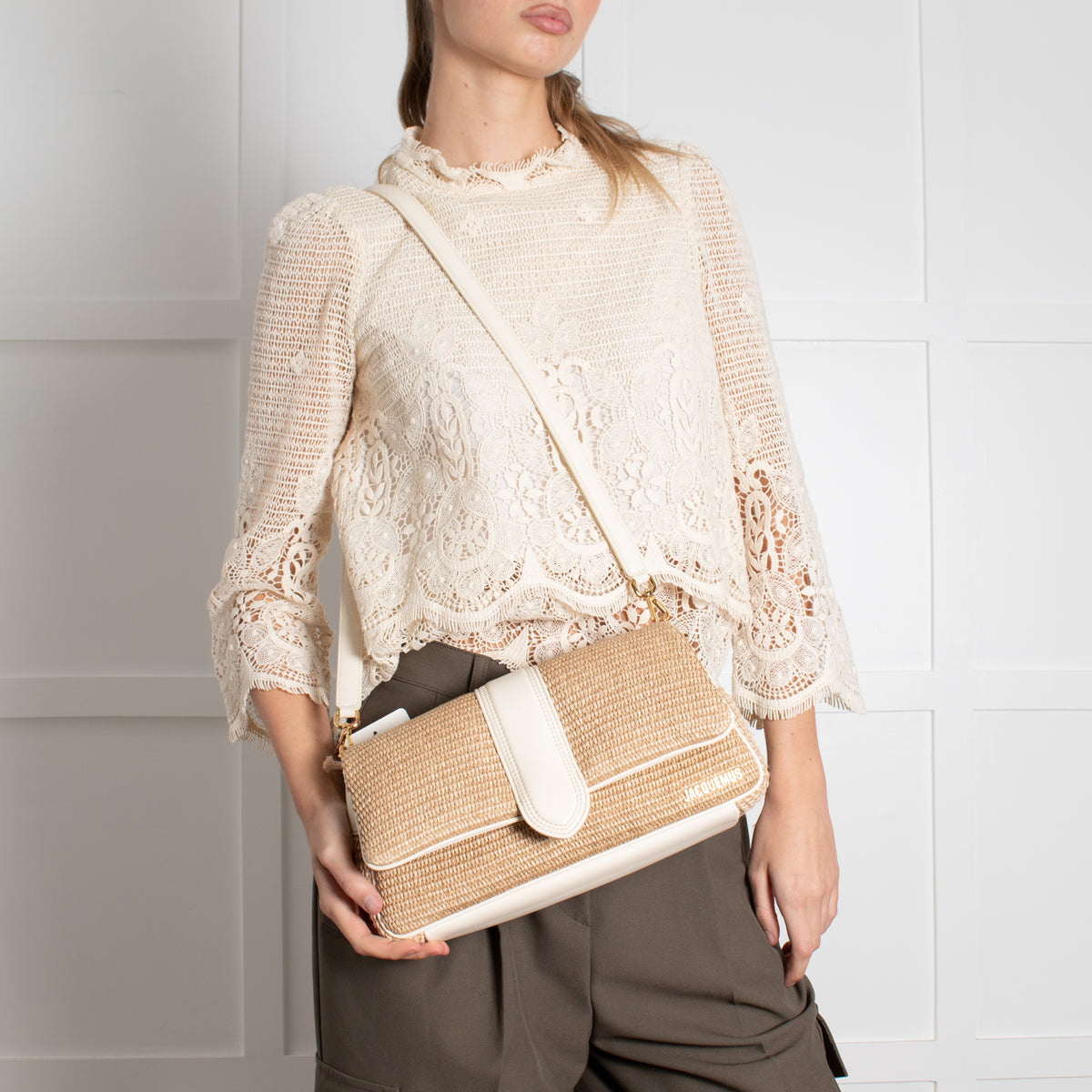 Jacquemus Le Bambimou Woven Raffia Shoulder Bag With White Leather Piping