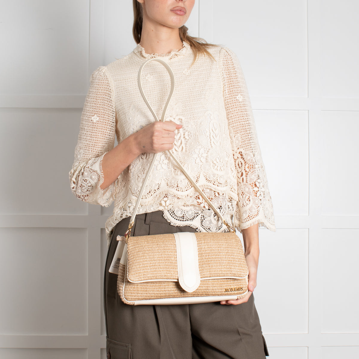 Jacquemus Le Bambimou Woven Raffia Shoulder Bag With White Leather Piping