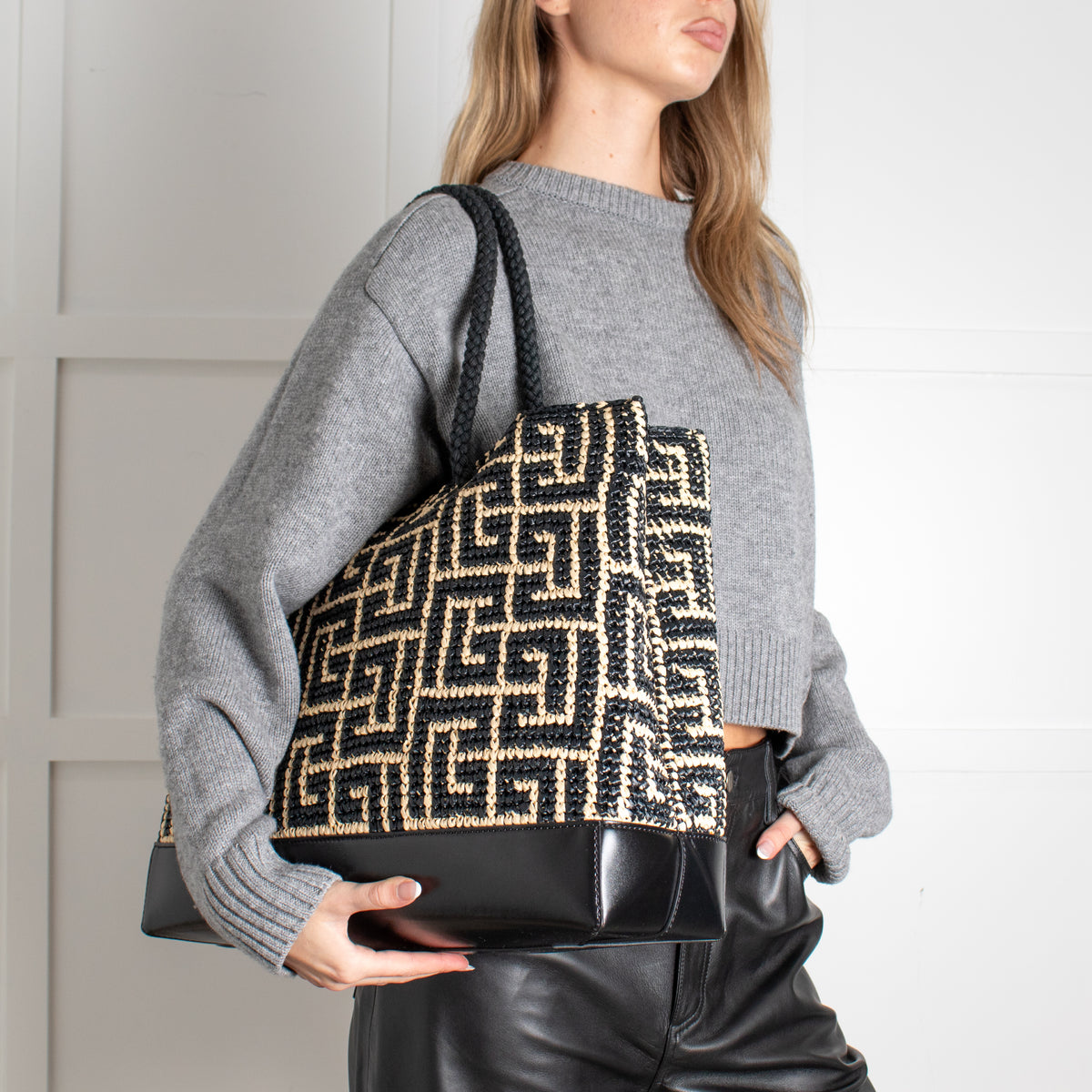 Balmain Black and Natural Raffia Tote Bag with Rope Handles