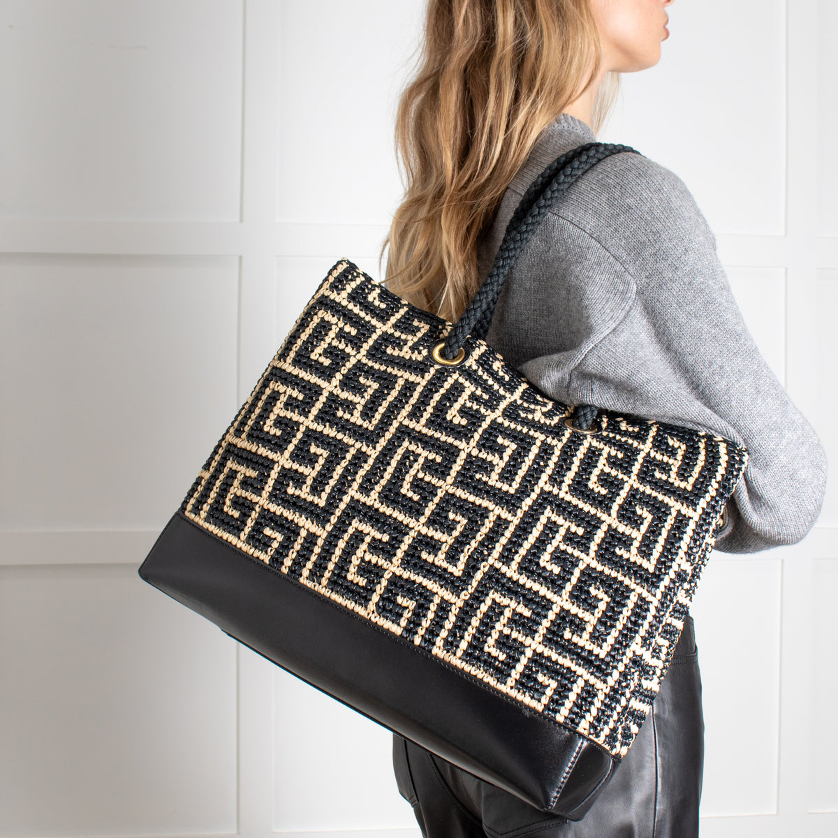 Balmain Black and Natural Raffia Tote Bag with Rope Handles