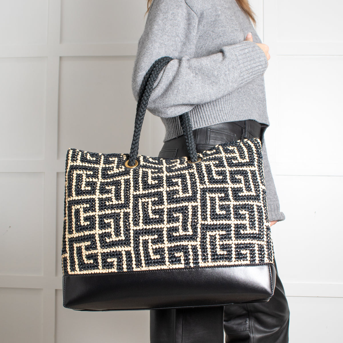 Balmain Black and Natural Raffia Tote Bag with Rope Handles