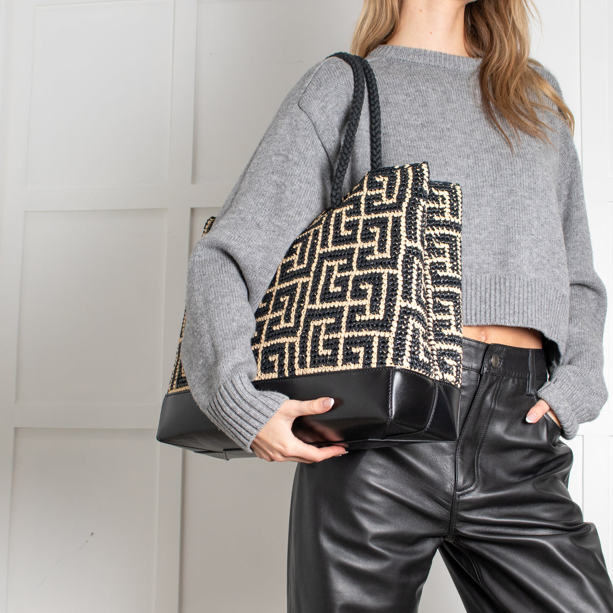 Balmain Black and Natural Raffia Tote Bag with Rope Handles