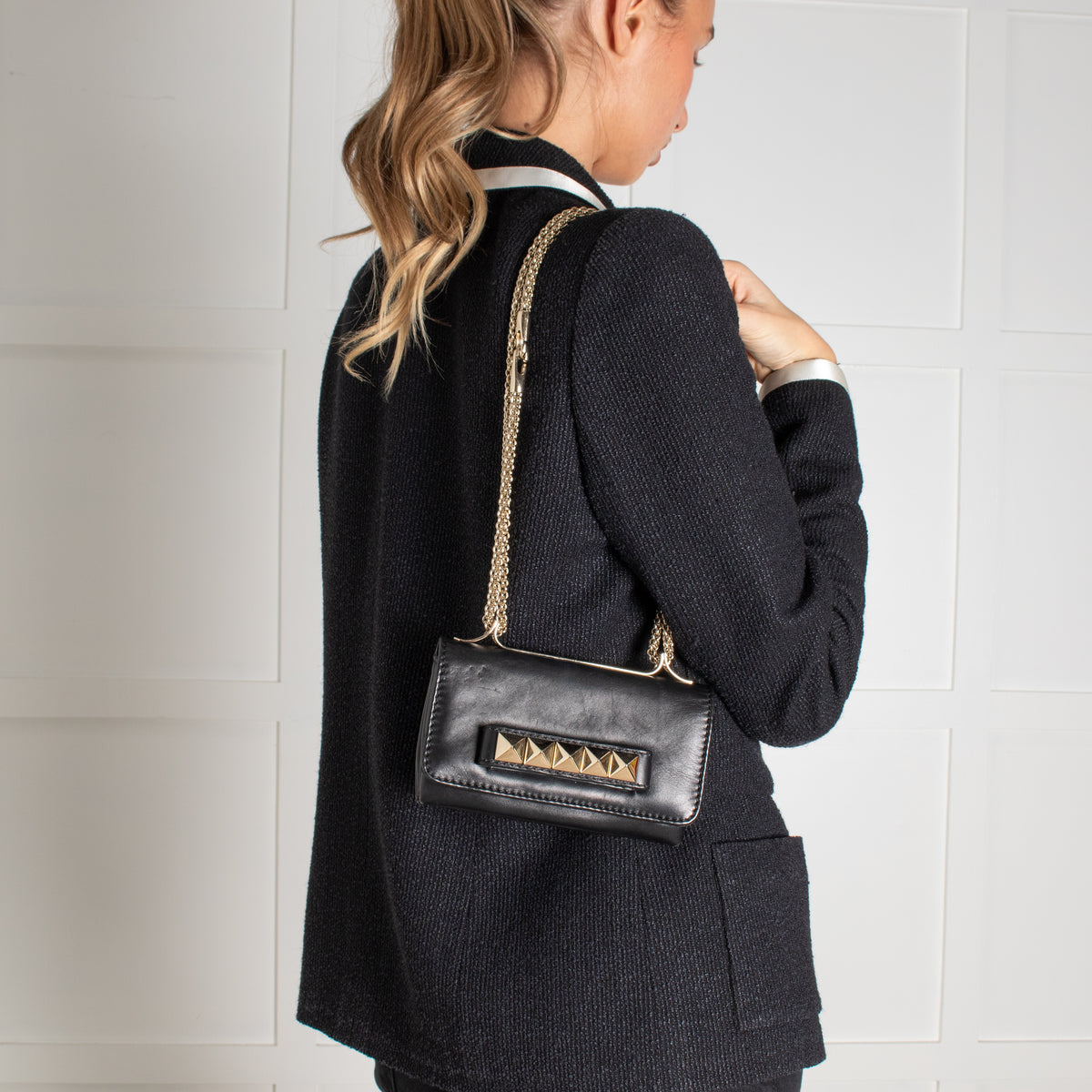 Valentino Black And Gold Rockstud  Va Va Voom Bag