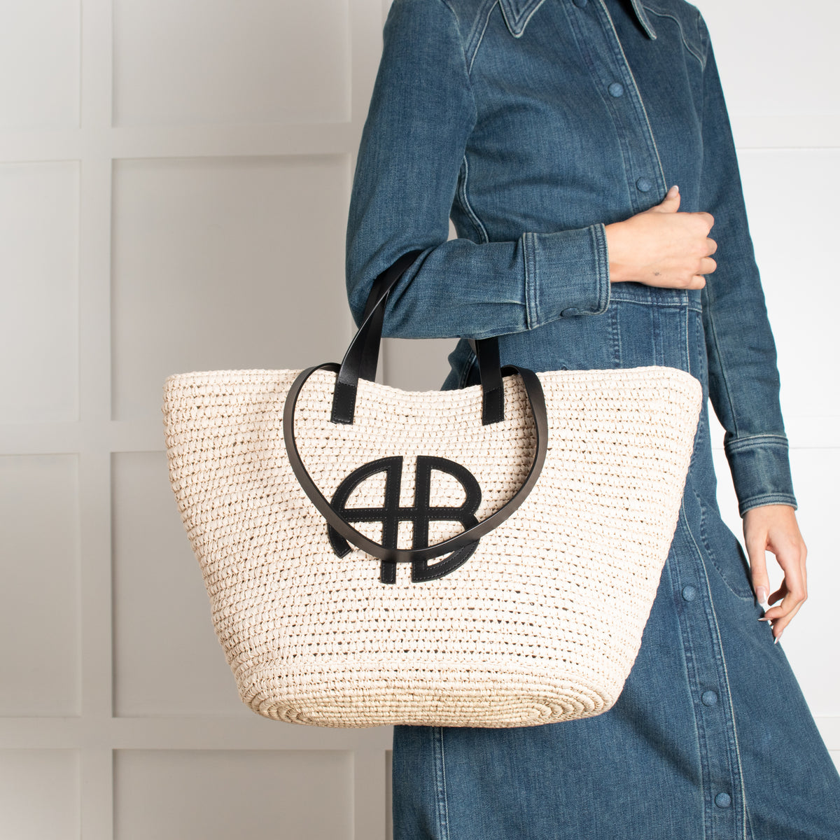Anine Bing Raffia Palermo Tote with AB Logo
