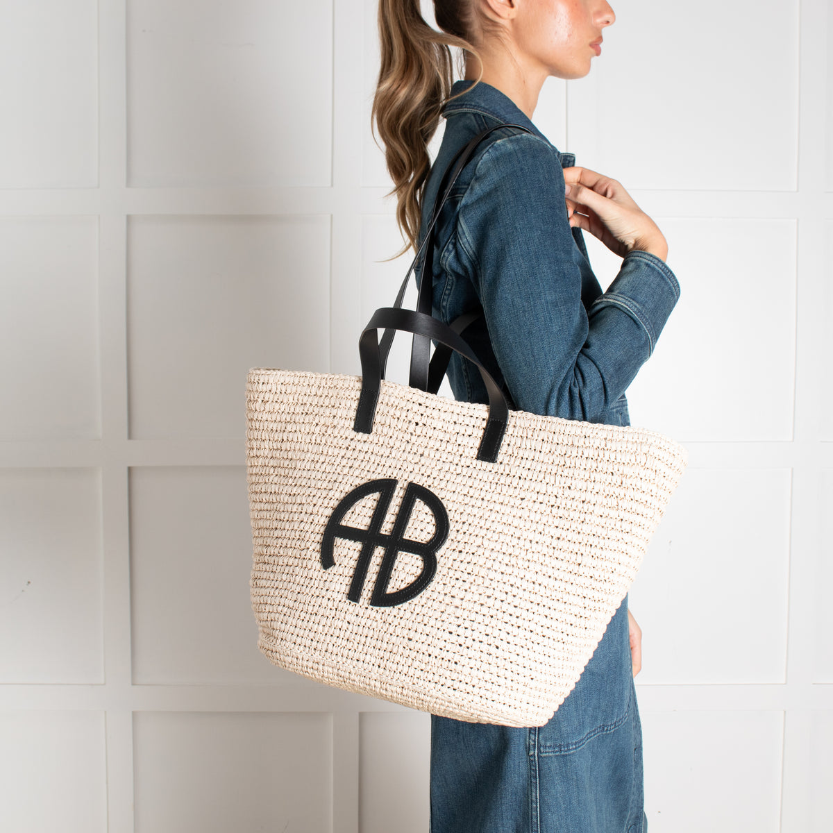 Anine Bing Raffia Palermo Tote with AB Logo
