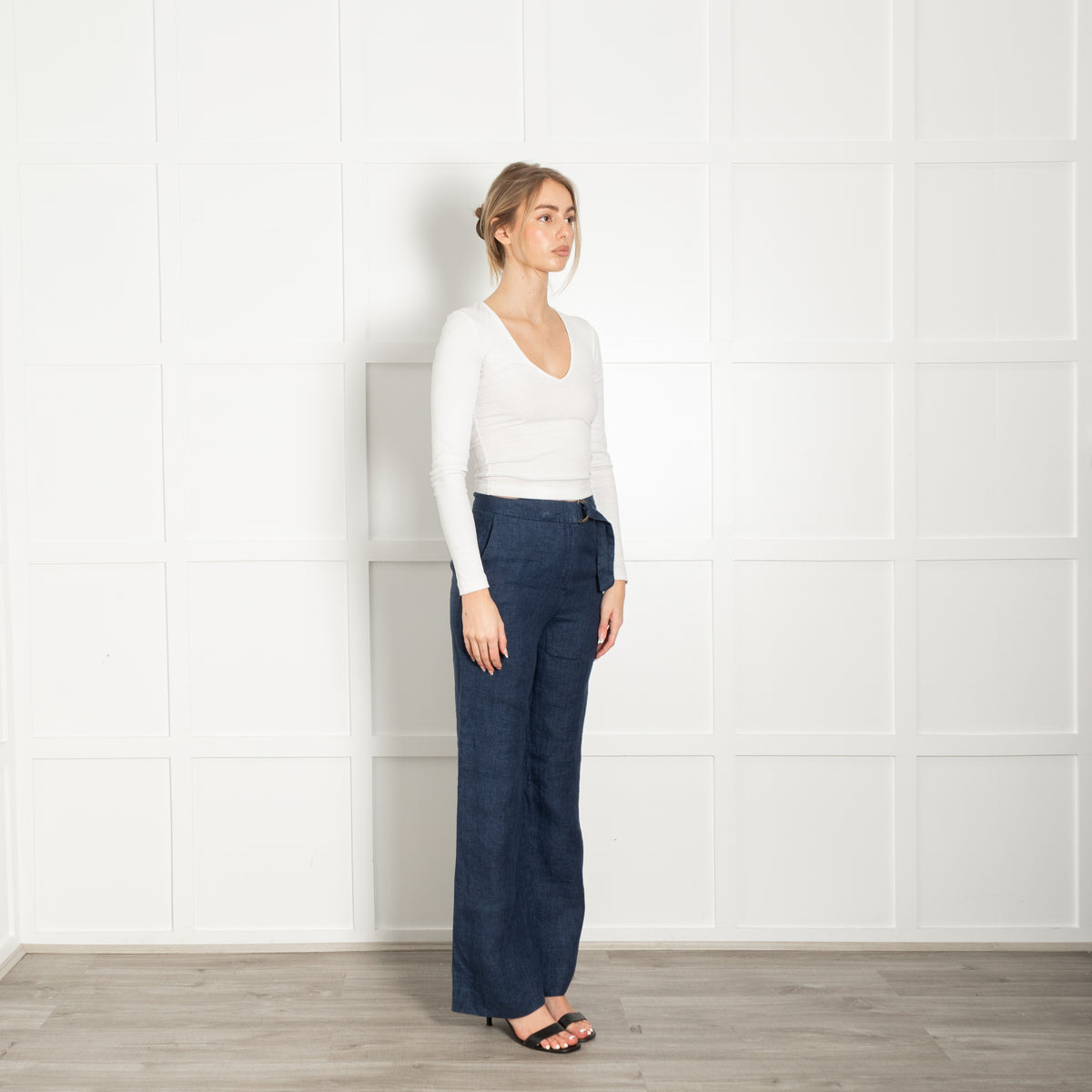 Carolina Herrera Blue Linen Wide Leg Trousers