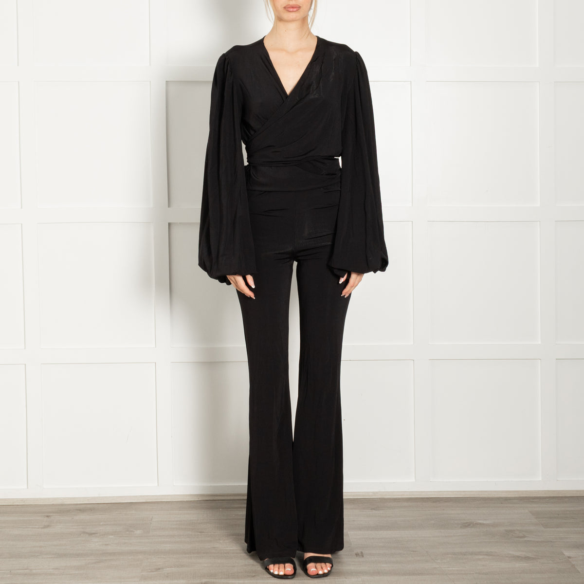Rat & Boa Black Wrap Front Jersey Jumpsuit With Balloon Sleeves