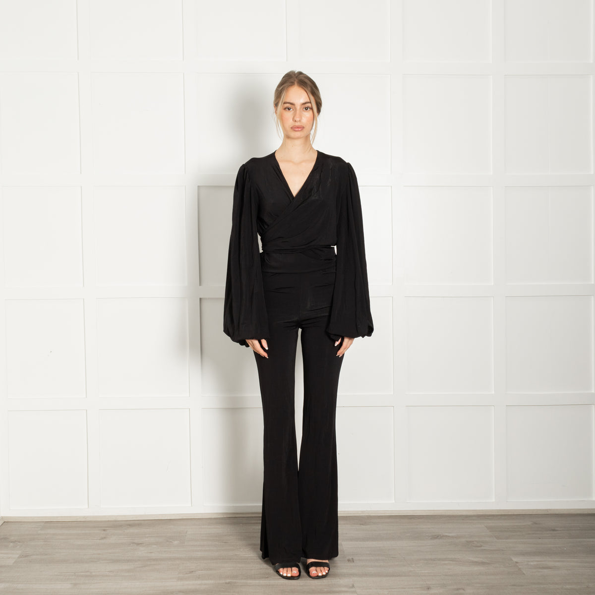 Rat & Boa Black Wrap Front Jersey Jumpsuit With Balloon Sleeves