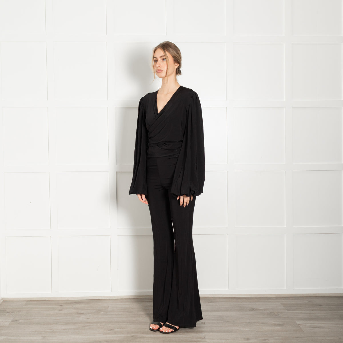 Rat & Boa Black Wrap Front Jersey Jumpsuit With Balloon Sleeves