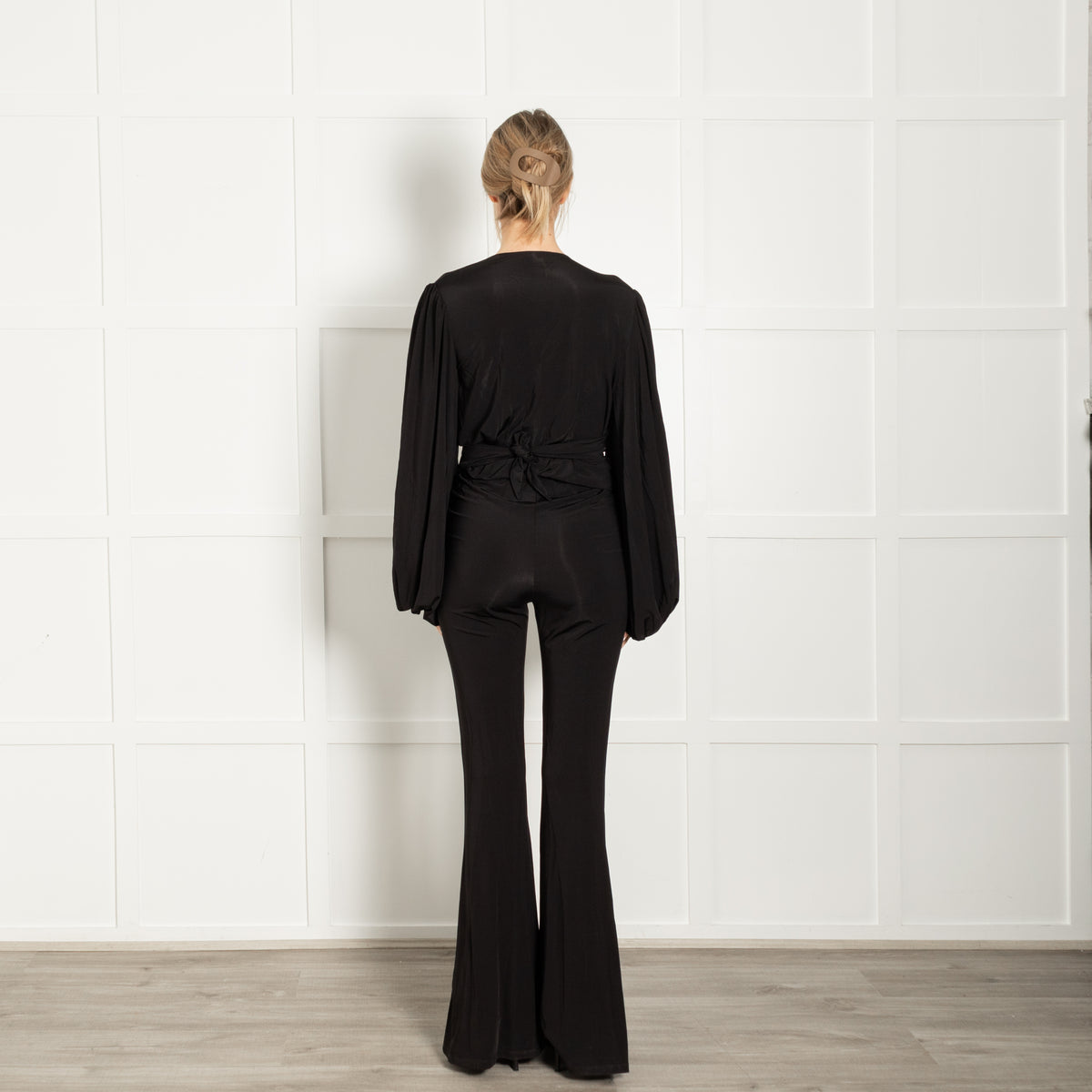 Rat & Boa Black Wrap Front Jersey Jumpsuit With Balloon Sleeves