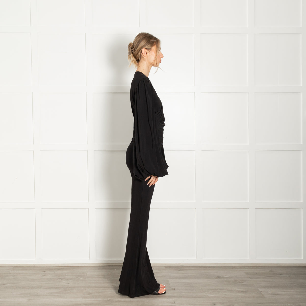 Rat & Boa Black Wrap Front Jersey Jumpsuit With Balloon Sleeves