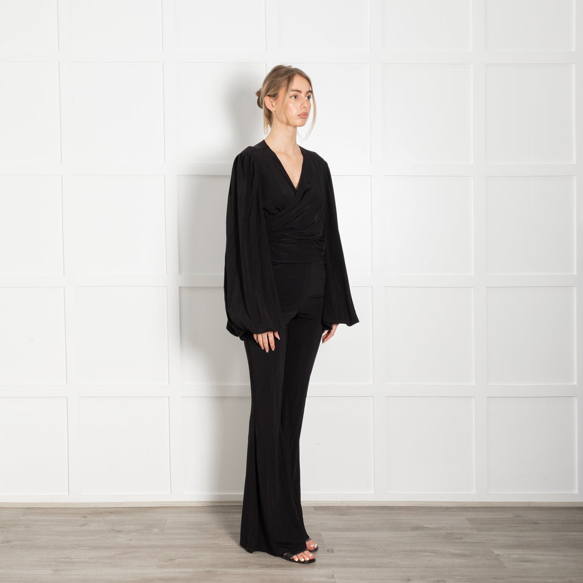 Rat & Boa Black Wrap Front Jersey Jumpsuit With Balloon Sleeves