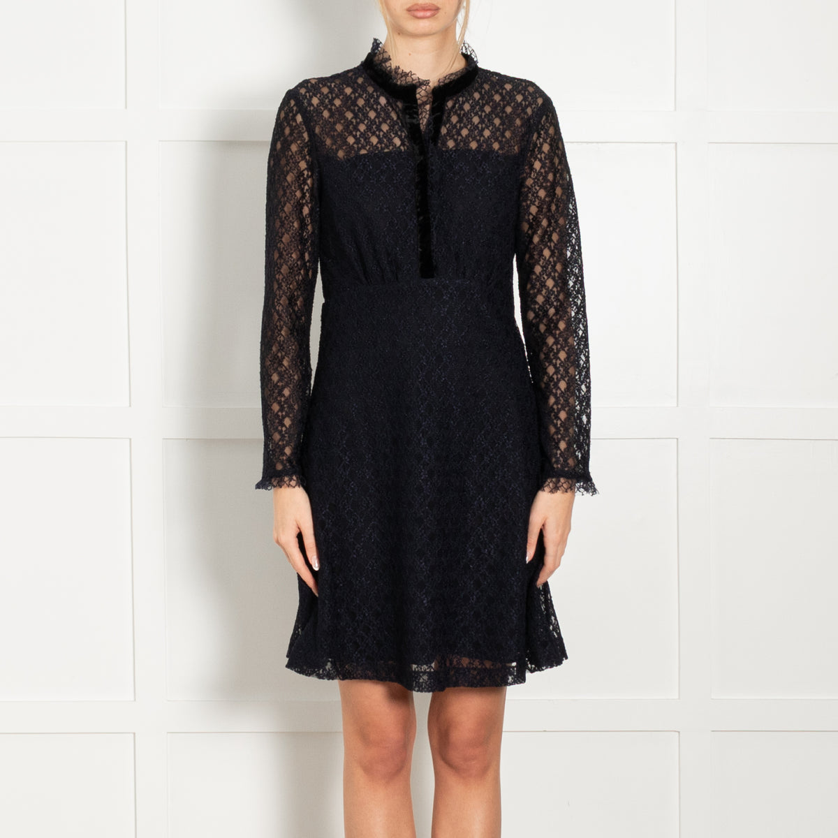 Sandro Navy Blue Lace Velvet Trim Long Sleeve Dress