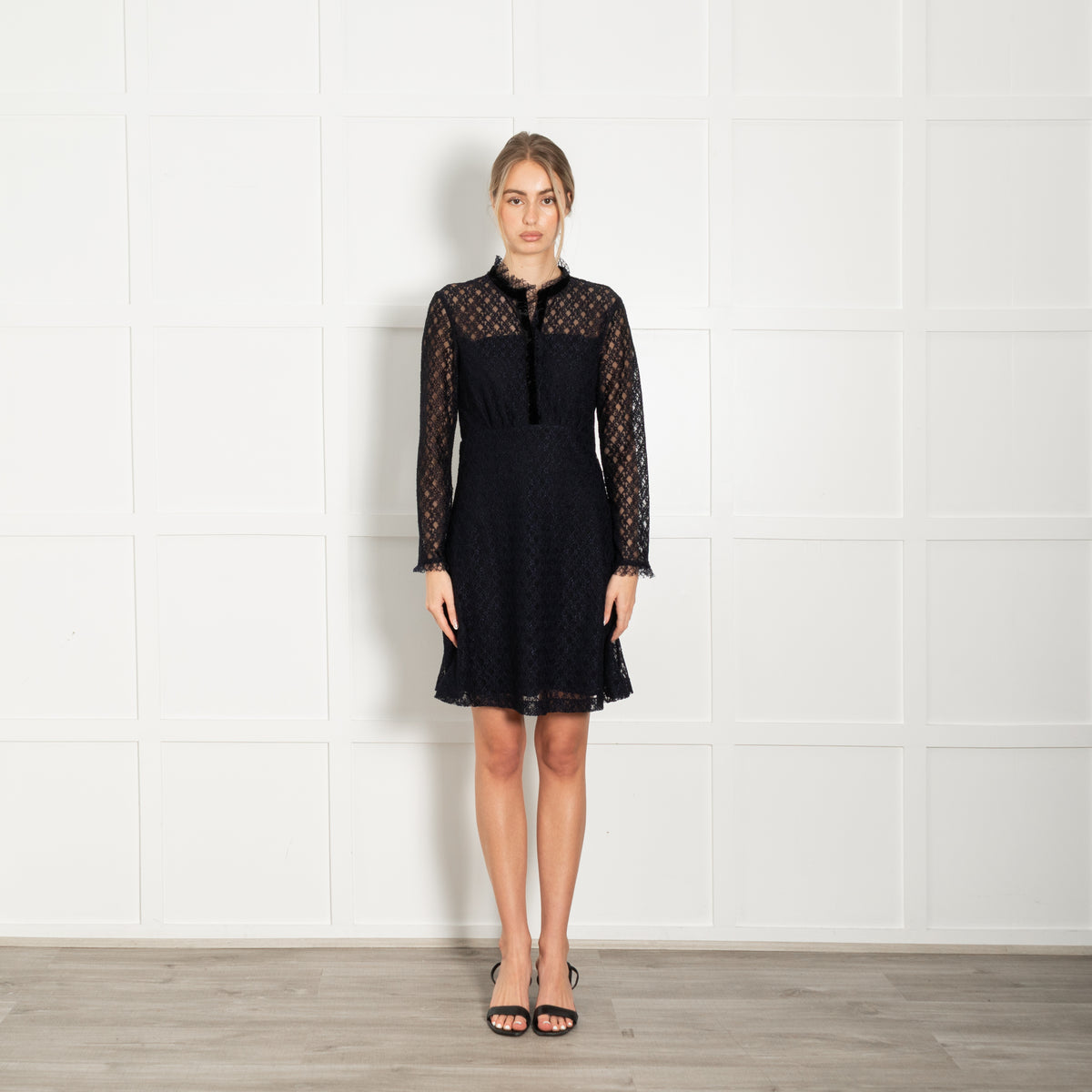 Sandro Navy Blue Lace Velvet Trim Long Sleeve Dress