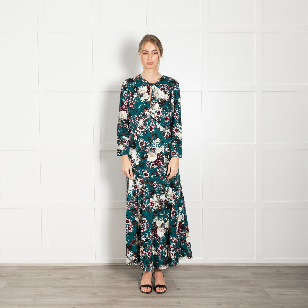 Erdem Teal White Pink Floral Jersey Maxi Dress
