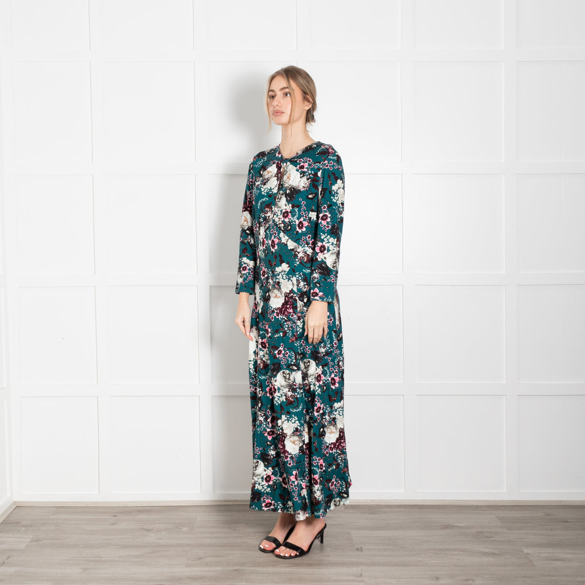 Erdem Teal White Pink Floral Jersey Maxi Dress