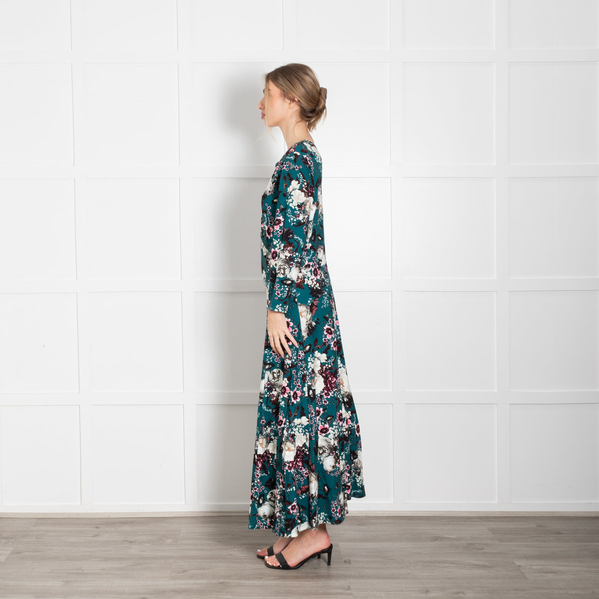 Erdem Teal White Pink Floral Jersey Maxi Dress