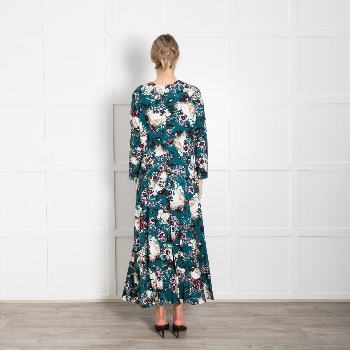 Erdem Teal White Pink Floral Jersey Maxi Dress