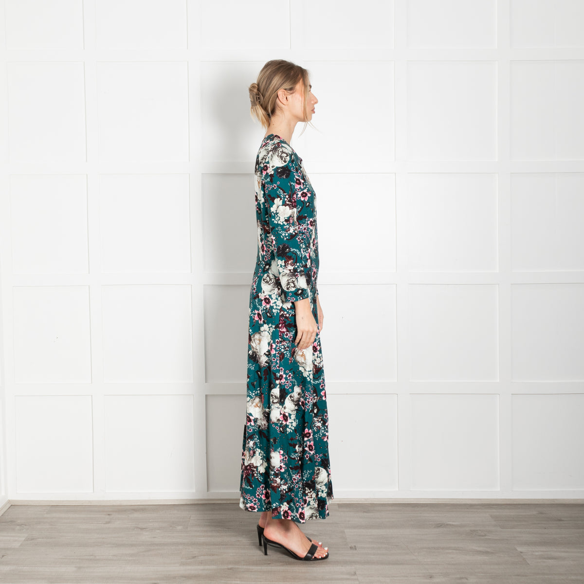 Erdem Teal White Pink Floral Jersey Maxi Dress