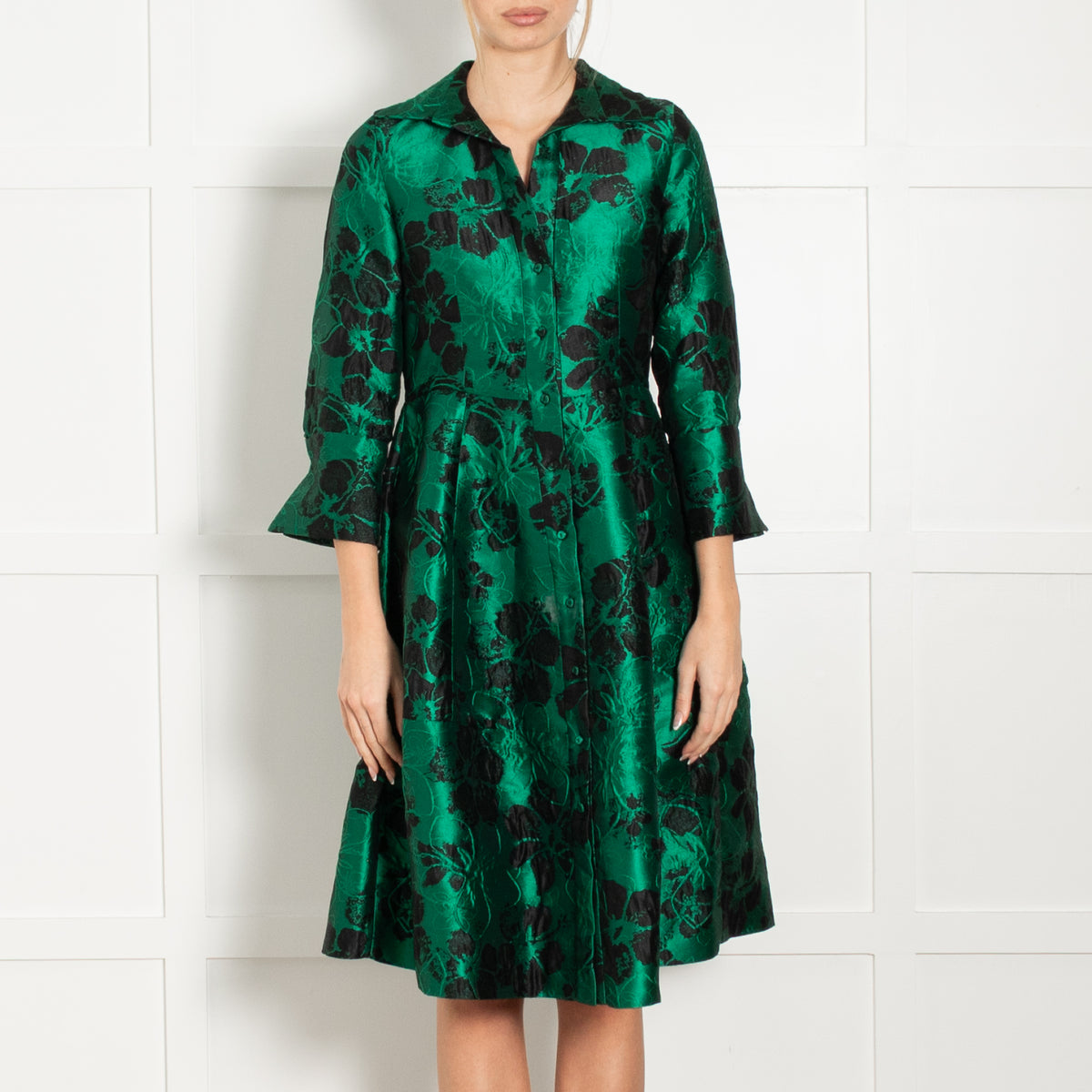 CH Carolina Herrera Jade Green Black Jacquard Dress