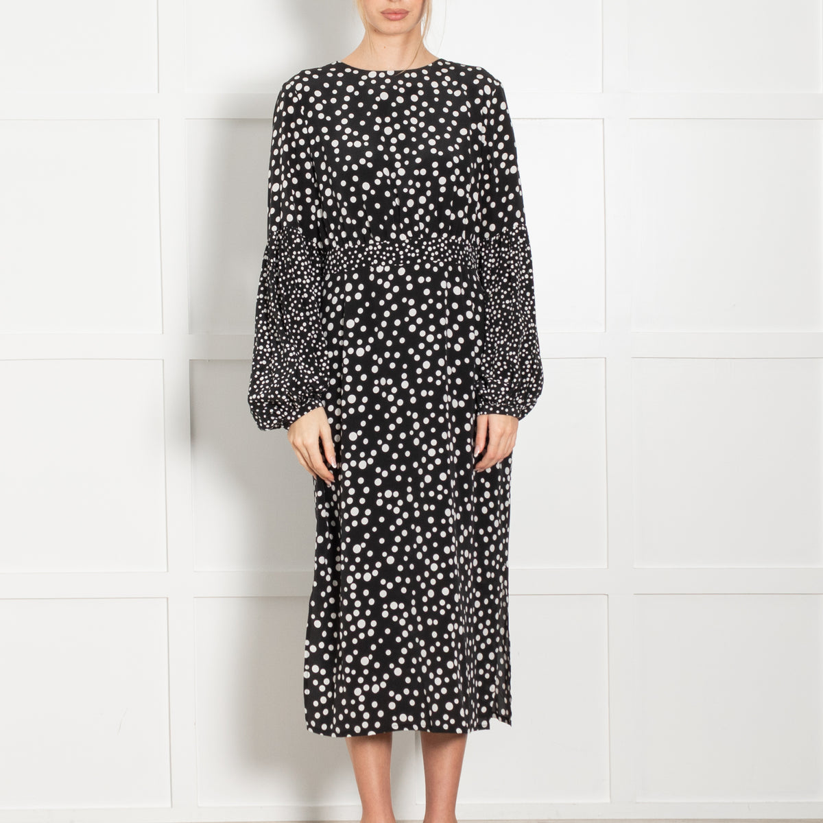 Rixo Black White Polka Dot Midi Dress