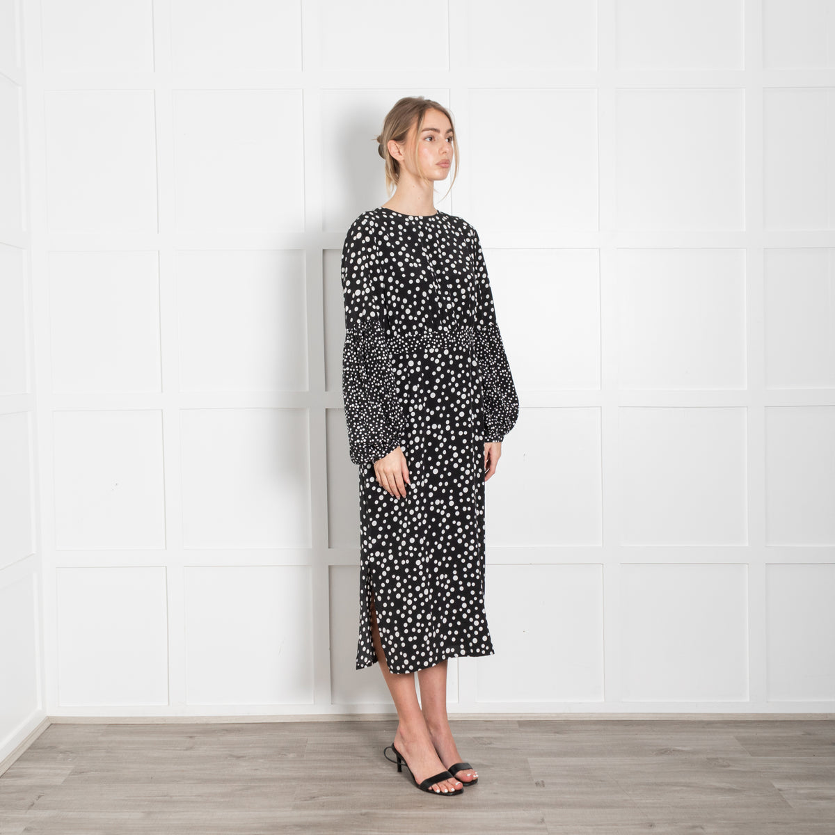 Rixo Black White Polka Dot Midi Dress
