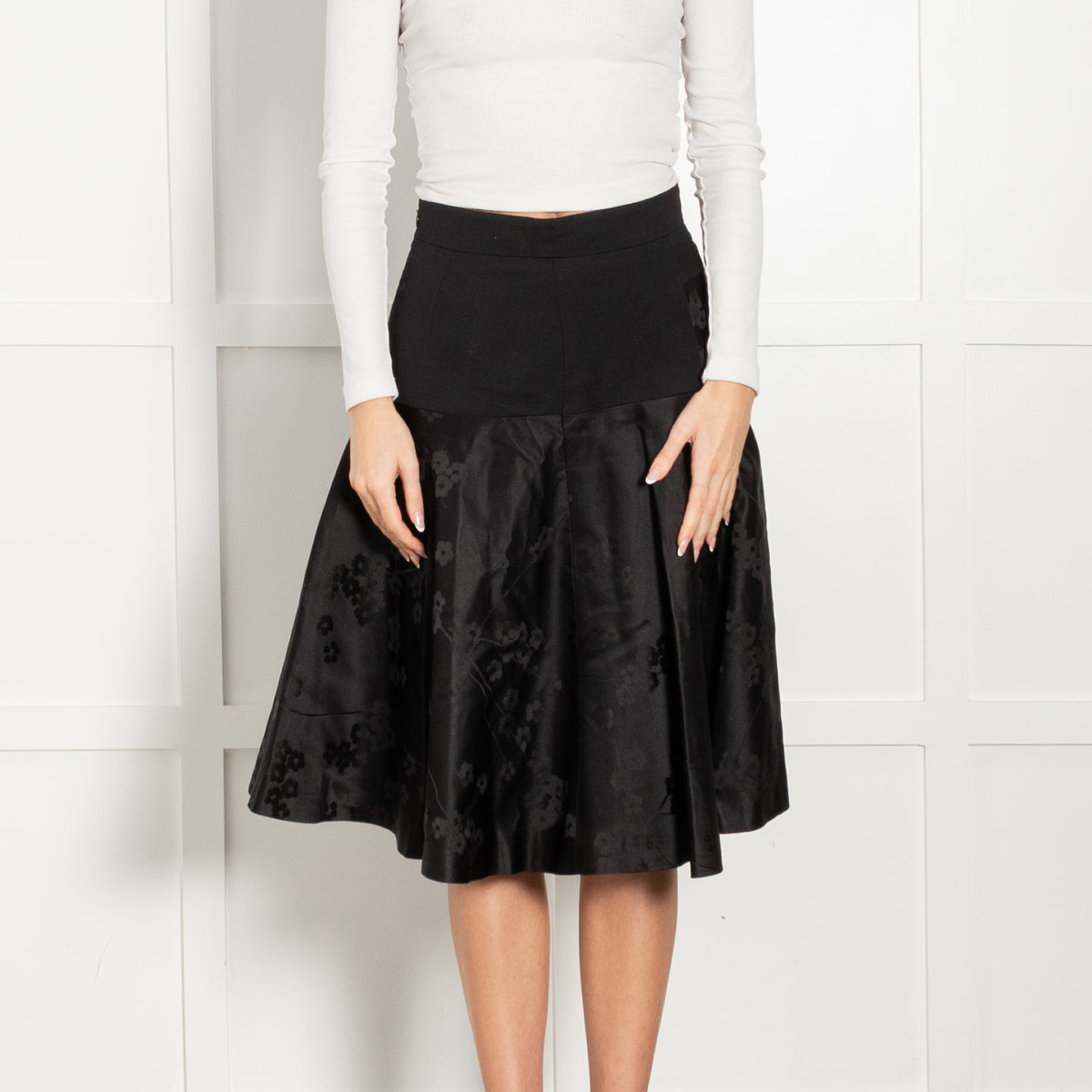 Alexander McQueen Black On Black Floral Print A-Line Skirt
