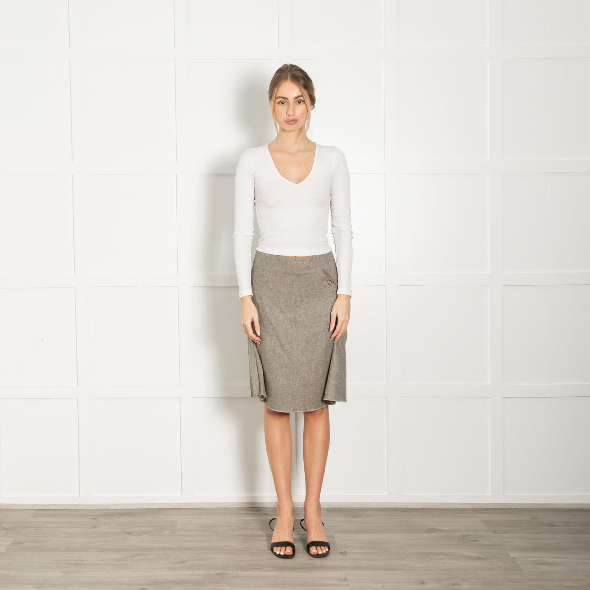 Loro Piana Olive A Line Button Pocket Side Pleat Knee Length Skirt