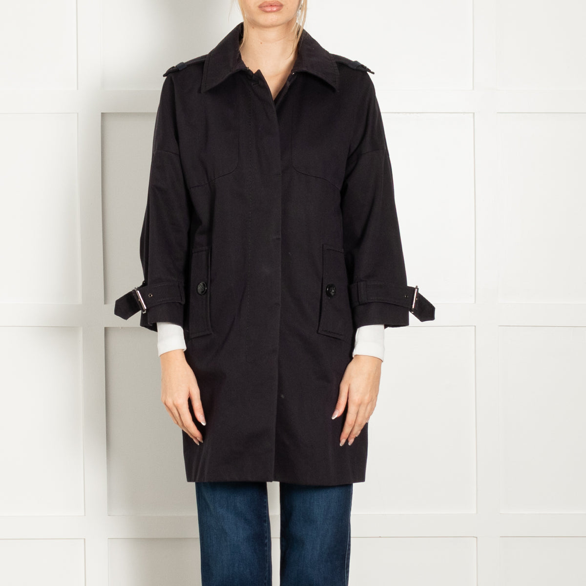 Sportmax Navy Blue Cotton 3/4 Sleeve Short Coat