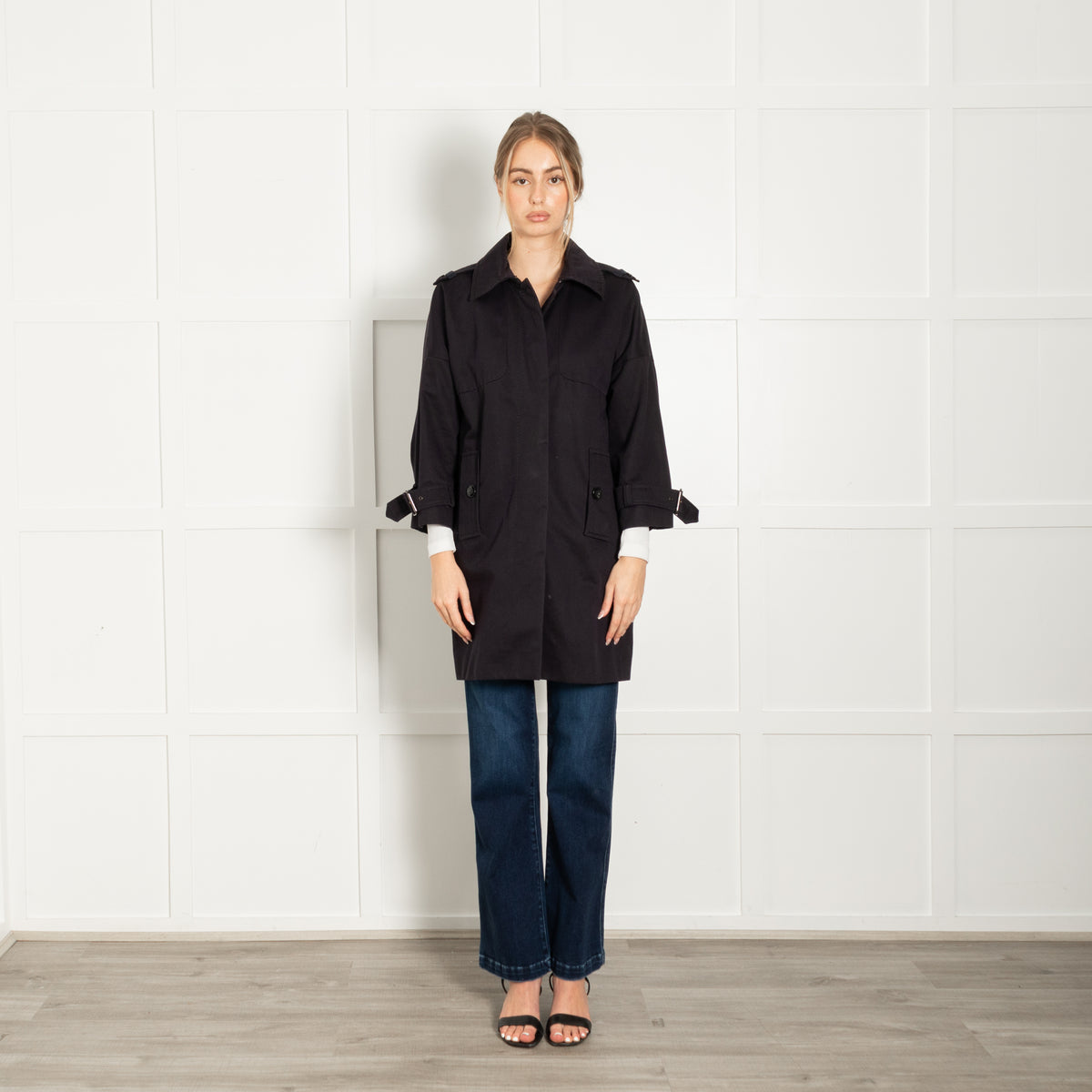 Sportmax Navy Blue Cotton 3/4 Sleeve Short Coat