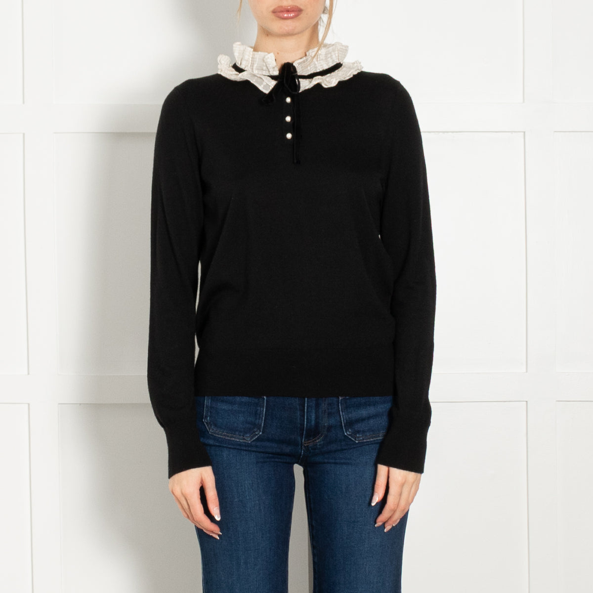 Sandro Black Jumper Cream Gold Frill Pearl Buttons Velvet Tie