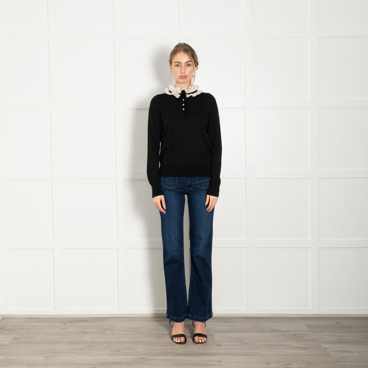 Sandro Black Jumper Cream Gold Frill Pearl Buttons Velvet Tie