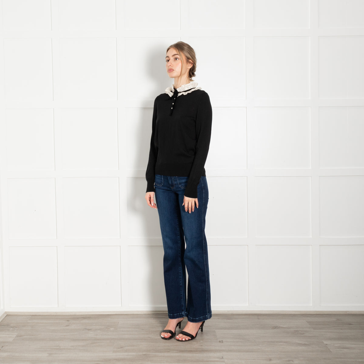 Sandro Black Jumper Cream Gold Frill Pearl Buttons Velvet Tie