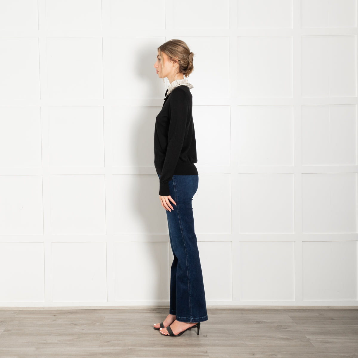 Sandro Black Jumper Cream Gold Frill Pearl Buttons Velvet Tie