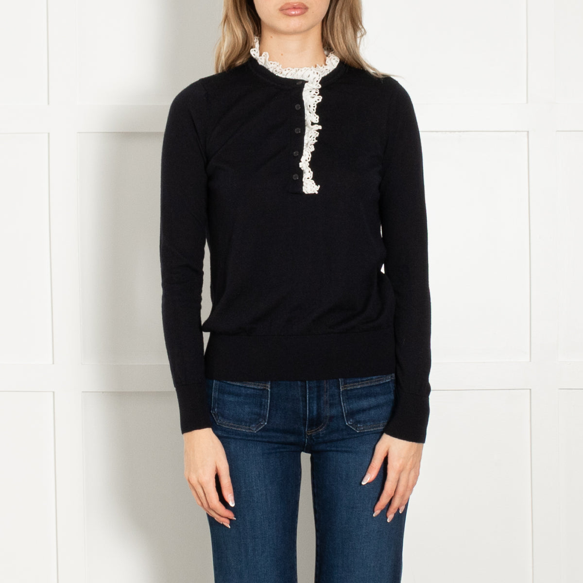 Sandro Navy White Lace Trim Fine Sweater