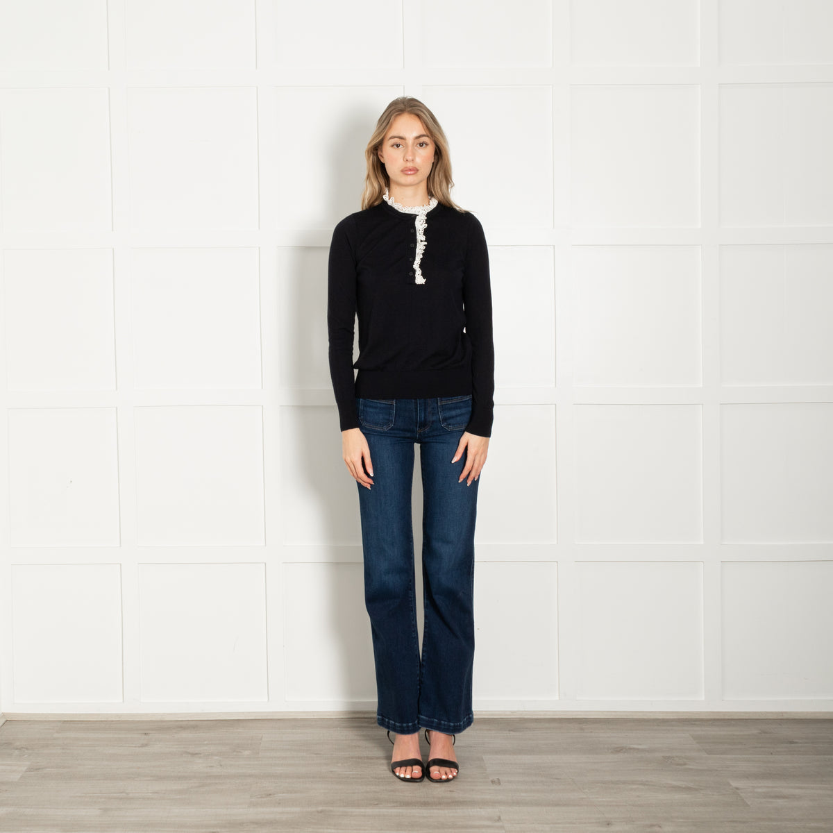 Sandro Navy White Lace Trim Fine Sweater